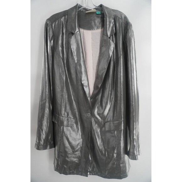 Anthropologie Maeve Zada Metallic Silver Blazer Longline DiscoChic Jacket Sz 20W - Picture 2 of 10